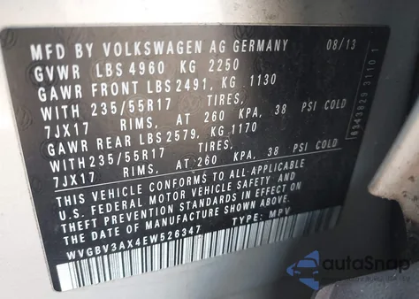 2014 Volkswagen Tiguan Se from USA, damaged, VIN WVGBV3AX4EW526347